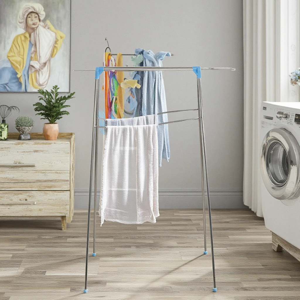 Detachable Standing Double-Tier Laundry Room Organizer with Fabric and Iron Material Shoe and Clothing Drying Rack for Storage
