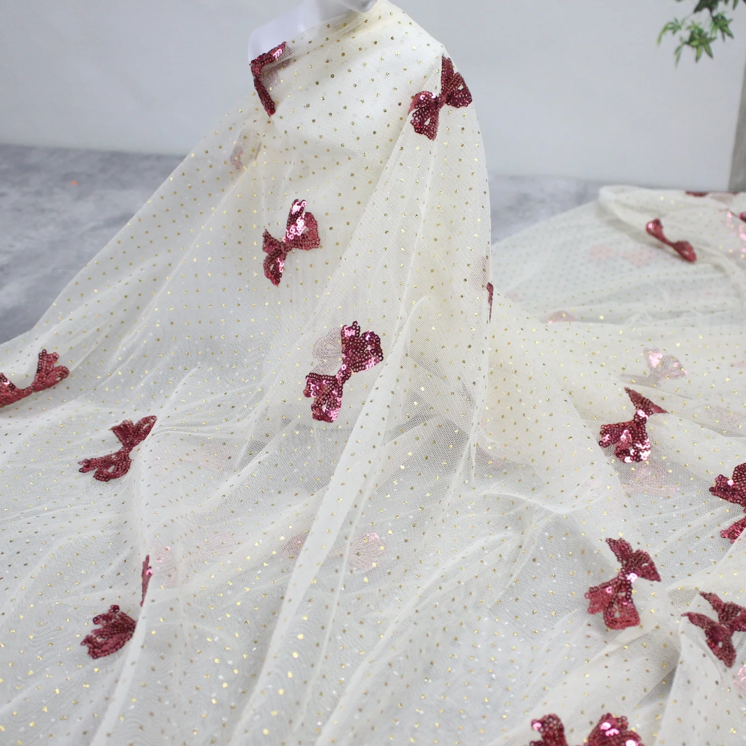 LH hot sale pink butterfly mesh sequin with hot stamping process embroidery fabric for children dress