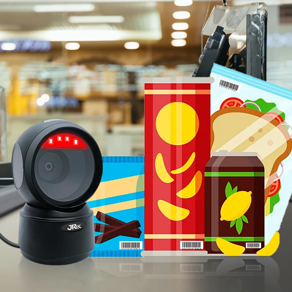 JR 2024 new QR desktop scanner for supermarket express logistics 1D 2D barcode quick reading wired and wireless hot selling mode