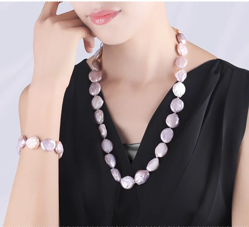Women jewelry bracelet set 20mm large baroque coin chunky flat pearl necklace