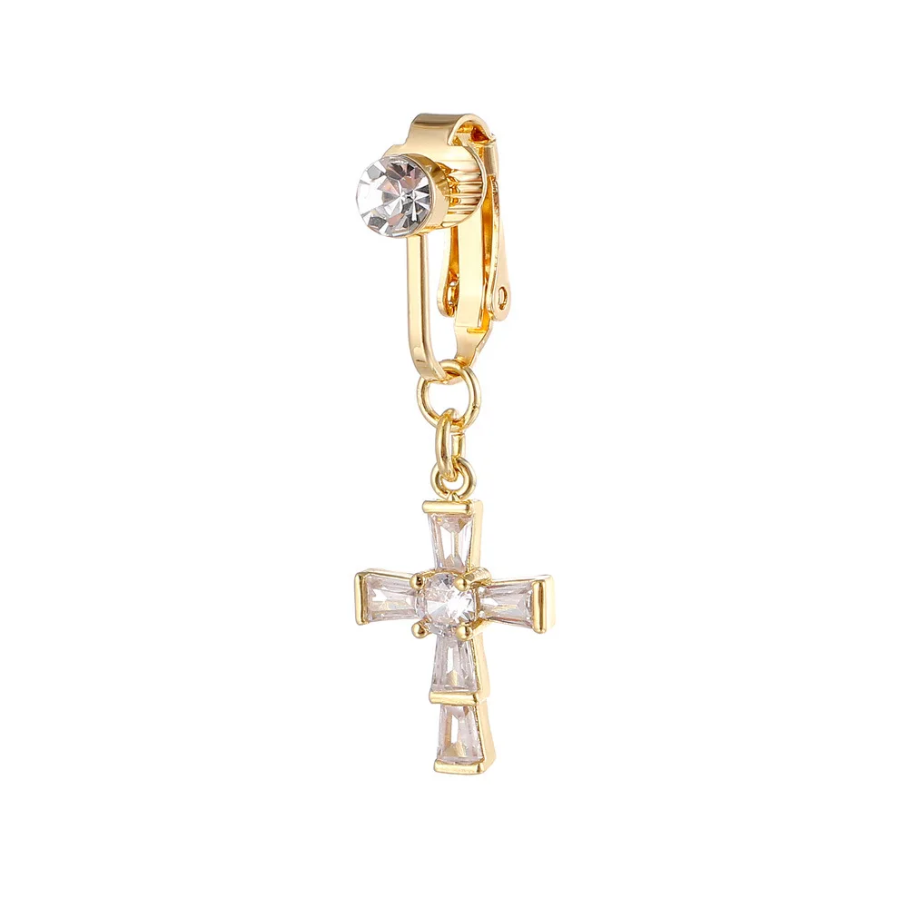 YICAI Wholesale Cross Dangle Fake Navel Piercing Cubic Zirconia Non Moon Butterfly Bow Knot Clip on Belly Ring