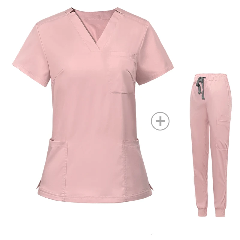 2024 High Quality Pink Medical Scrubs For Womens Custom Logo V Neck Scrub Top Jogger Pants Hospital Uniform