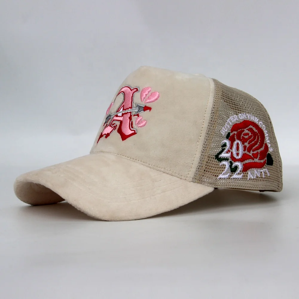 Custom Unisex High Quality 5 Panel Embroidery Logo Velvet Trucker Hat,Mesh Snap Back Gorras Trucker Cap