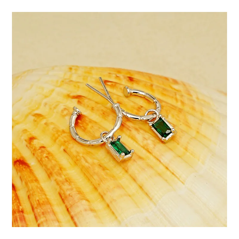 free design s925 silver earrings small premium sense inset emerald zircon earrings C type sterling silver earrings female