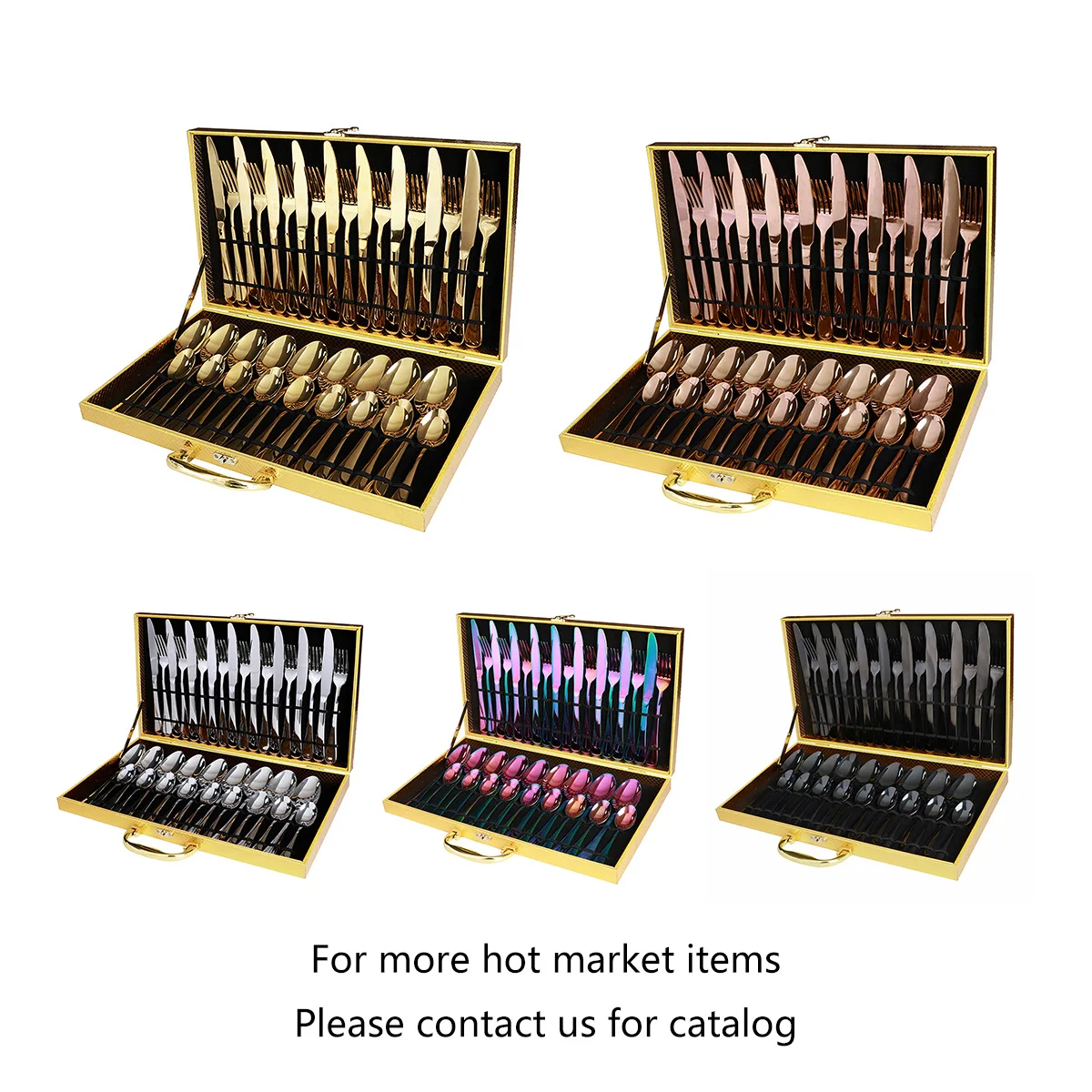36 Pcs 1010 Gold Plated Cutlery Set With Wooden Box Stainless Steel Cutlery Set Spoon Knife Fork Set Modern Gold Flatware