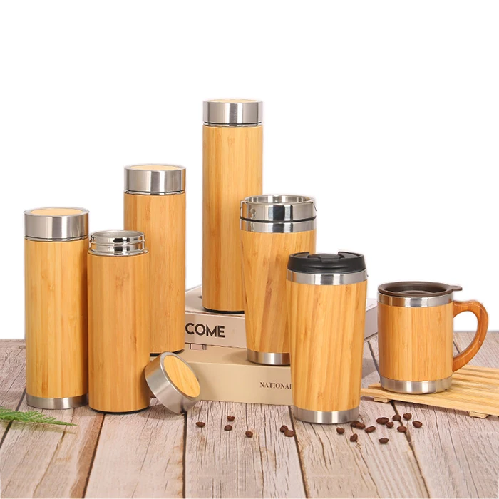 Eco Friendly 350ml Custom Bamboo Tumbler Stainless Steel Insulated Bamboo Travel Coffee Mug With Lid And Handle