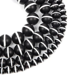 Matte Black Agate White Line Onyx Beads Round Loose Natural Stone Beads For Jewelry Making DIY Bracelets Handmade