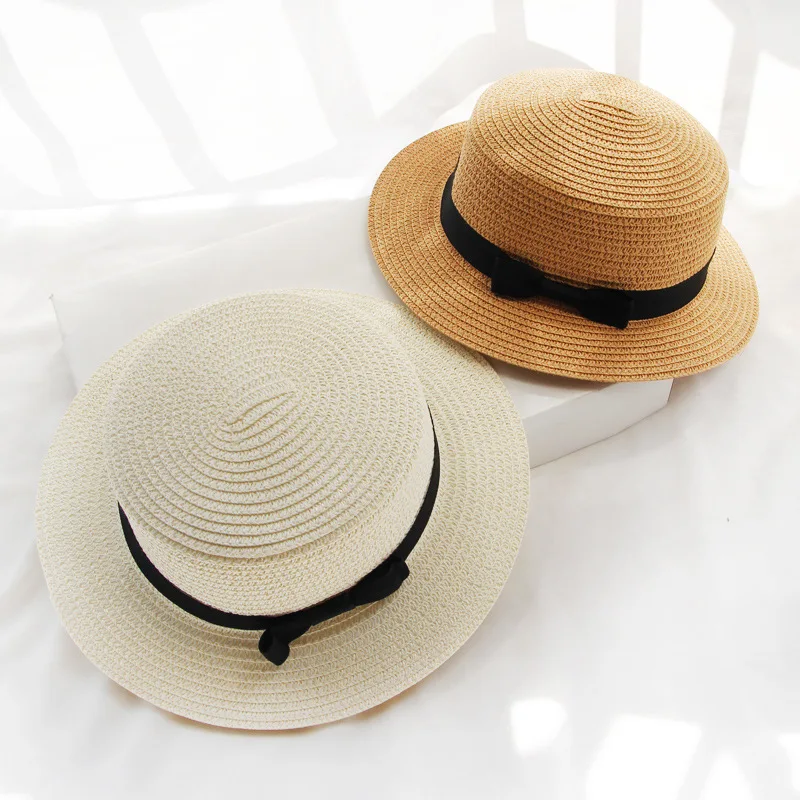 
Wide Brim with bowknot paper boater flat top collapsible straw female visor beach hat Floppy travel straw hat 