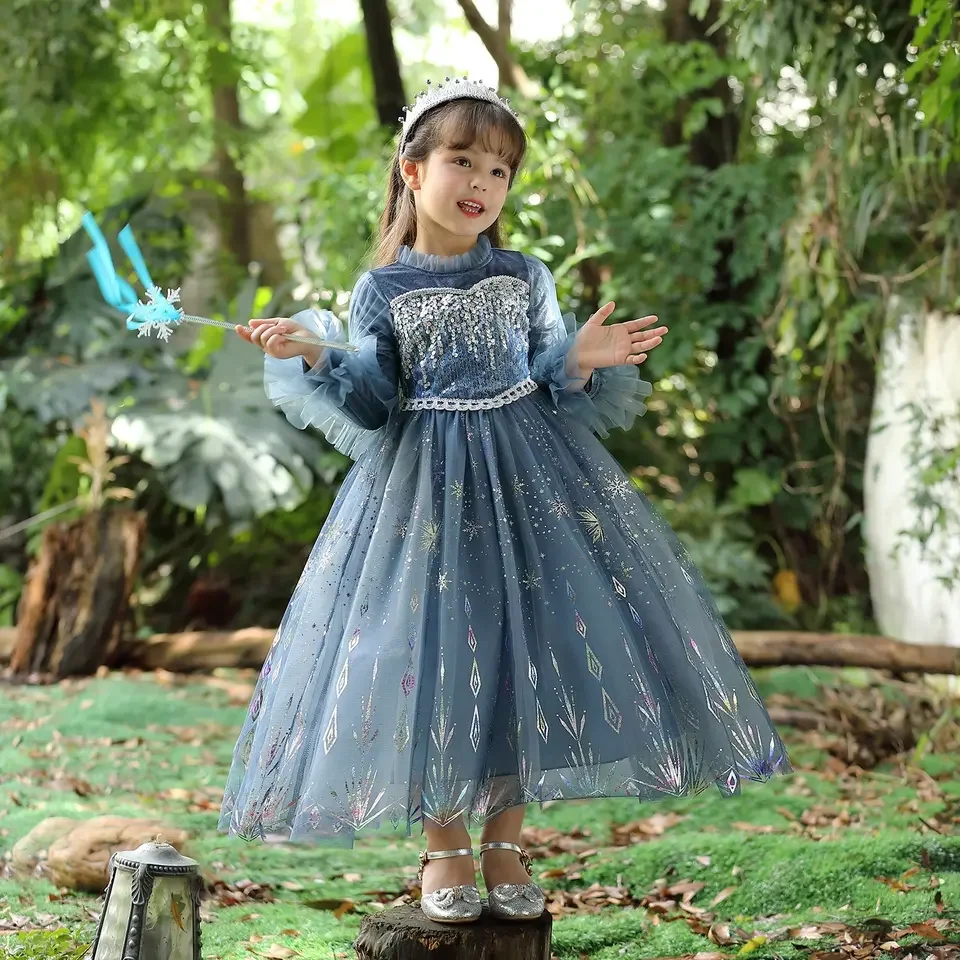 Winter Elsa Dress Kids Wear Long Sleeve Sequined Cosplay Costume Else Anna Fancy Dress