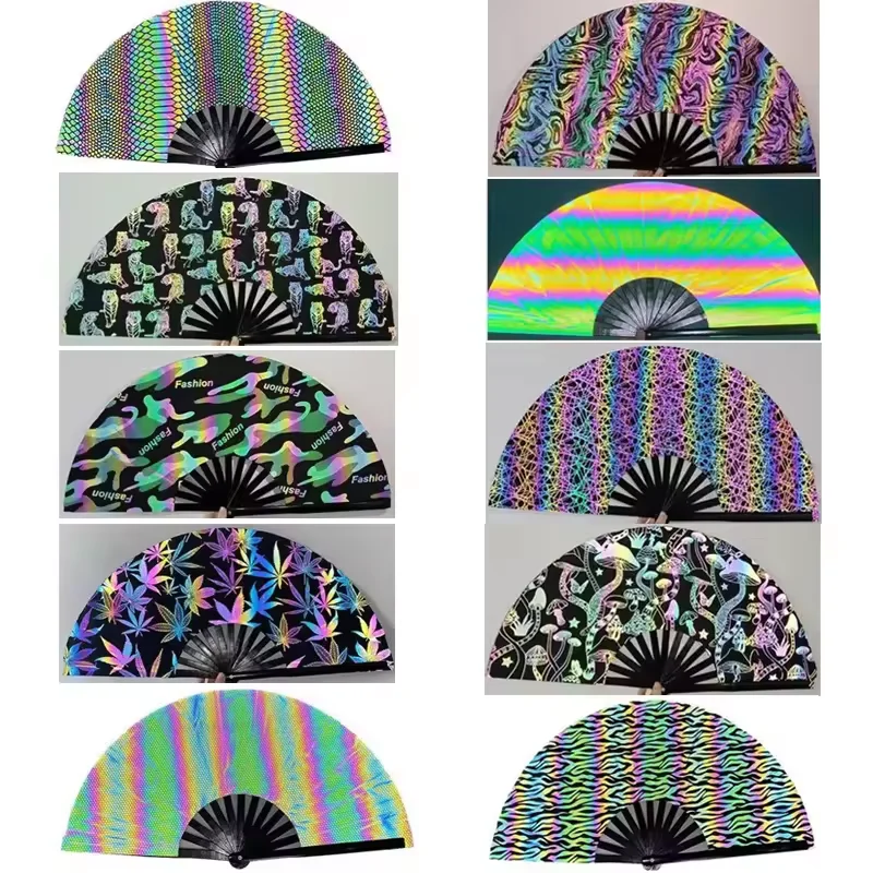 chinese customized rainbow palm leaf design printed fabric decorative large big folding hand held crank bamboo fan for rave