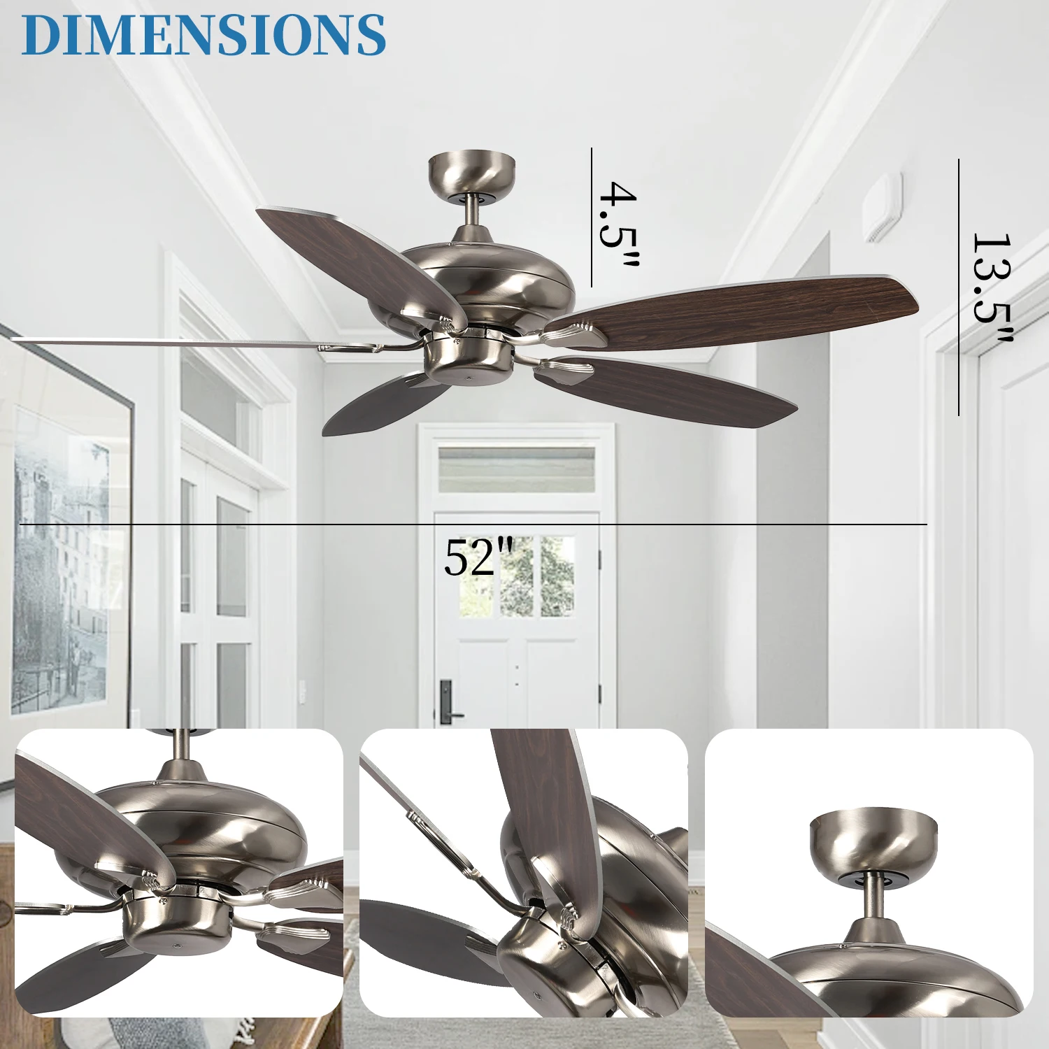 52 Inch Modern Silent Brush Nickel Housing Wooden AC Hotels Residential Decorative Ceiling Fan