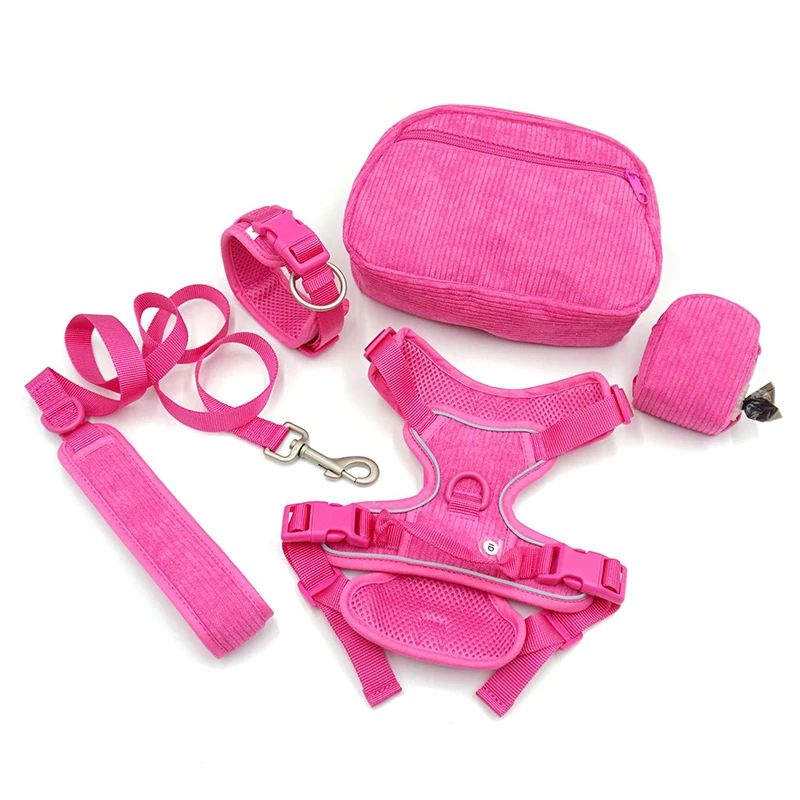 Solid Color Personalized Adjustable Design Dog Harness And Leash Set Custom Dog Collar Traction Rope Set With Storage Bag