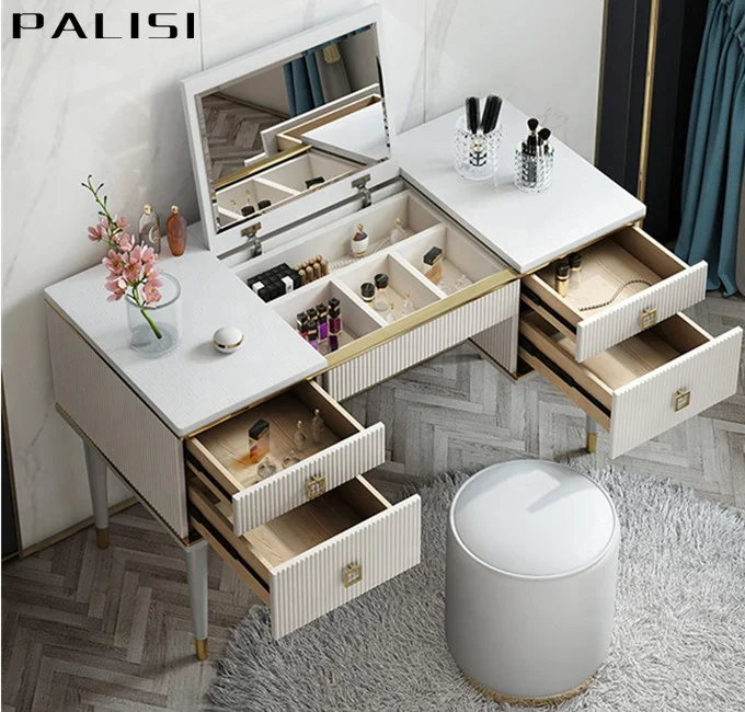 Modern Luxury Dressing Makeup Table Set Design Mirror with Flip-Open and Chair Dresser Furniture Chest Drawers