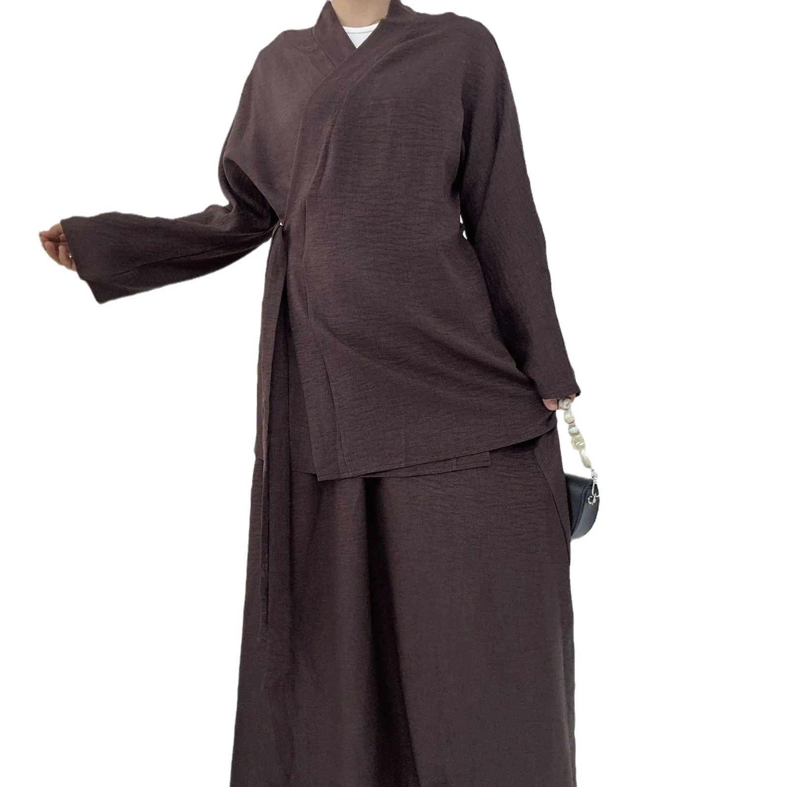 Zifeng OEM Vetements Islamiques Femmes Eid Elegant Shiny Satin Solid Color Casual Lace-Up Top And Skirt Suit Dress