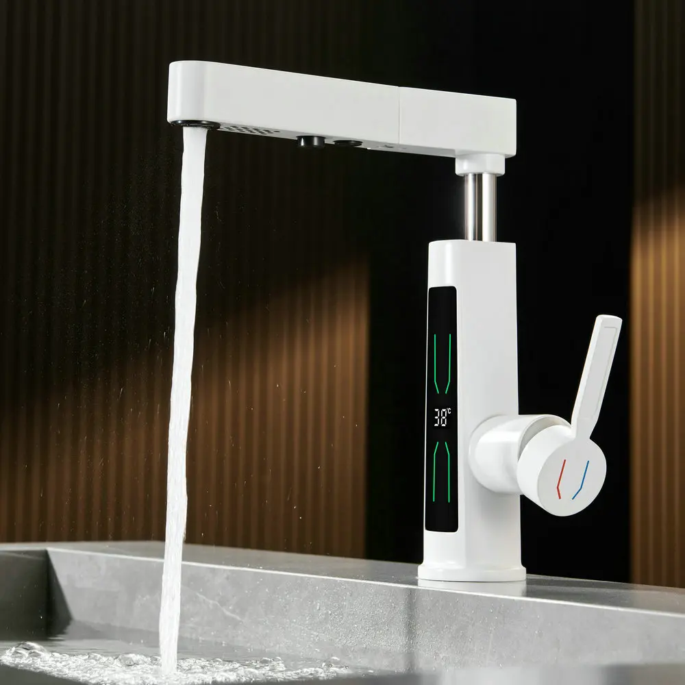 Hot sales digital temperature display matte white color deck mounted pull out spray basin faucet mixer tap