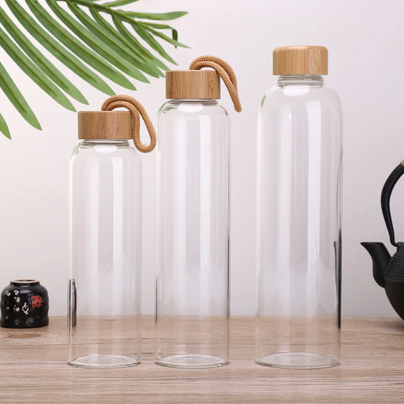 Mikenda bottle water glass custom logo glass water bottle bamboo lid