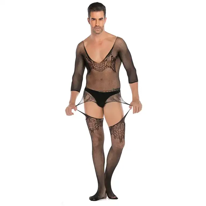 Men Sexy Underwear Bodystocking Mesh Socks One Piece Sexy Pantyhose Set Hot Black Underwear