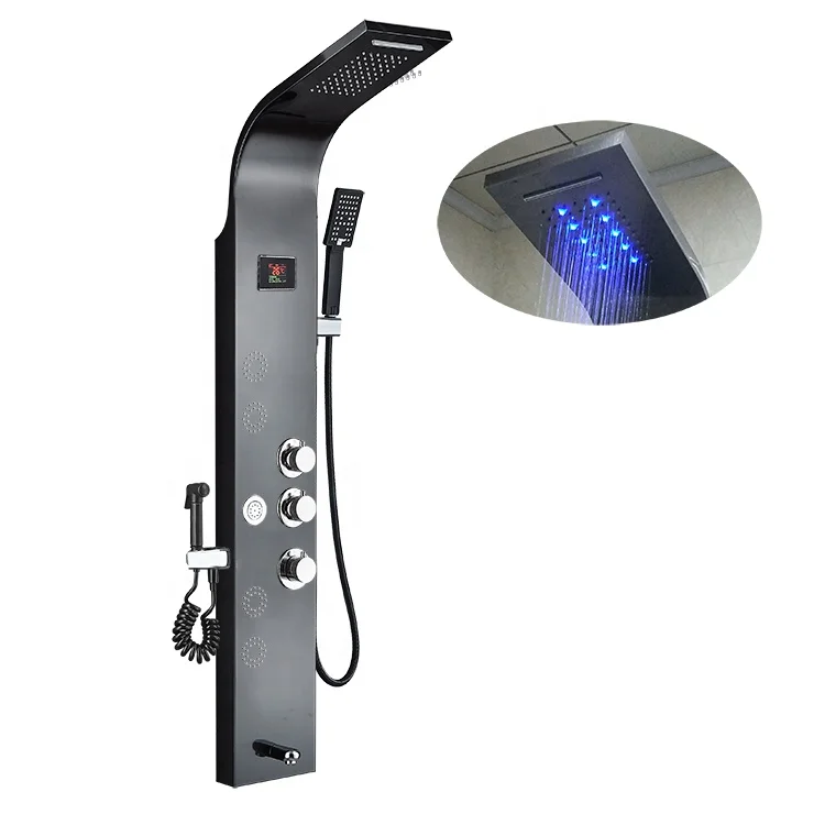 Hot Sale 304 stainless steel  temperature display LED rainfall shower heads six gear Spray gun shower thermostatic shower panels