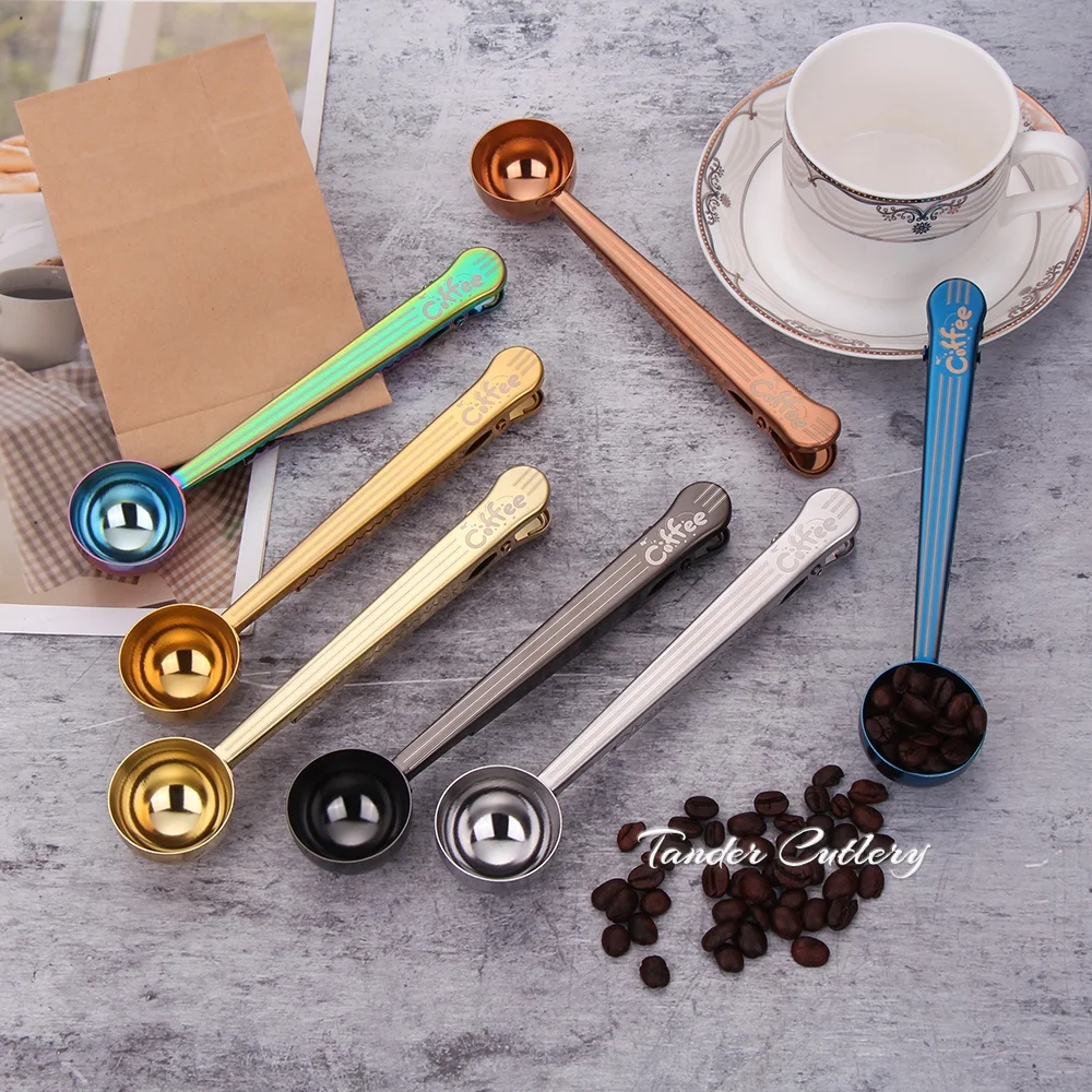 custom logo small coffee bean measuring spoon with bag clip steel 2 in 1 multipurpose 15ml powder measuring scoop with gift box