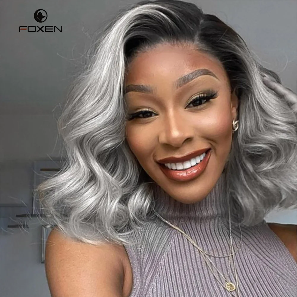 Foxen Gray Bob Wig 13X4 Transparent Body Wave Lace Front Wig Ombre Short Bob Brazilian Colored Human Hair Wigs For Women