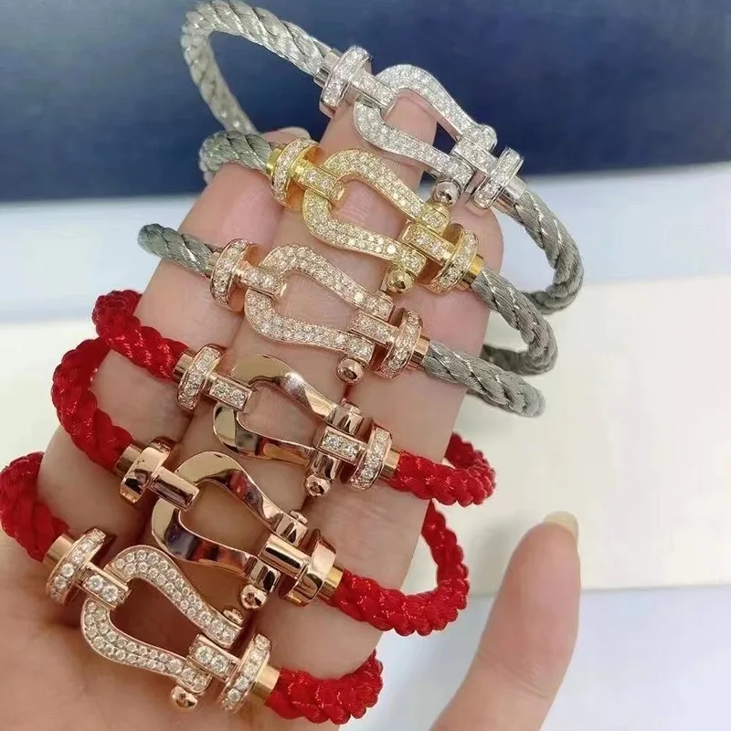 Horseshoe buckle red rope Fred wire rope bracelet men and women rose gold this year couple diamond-studded DIY hand rope
