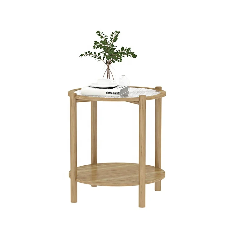 Custom round small living room bedroom sofa side simple bamboo tempered glass nesting end coffee table