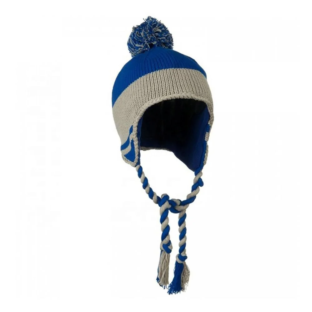 Перуанский Стиль Вязаный ушной клапан Лыжная Шапка темно-бордовый серый хлопок акриловый помпон теплая зимняя шапка оптовая продажа