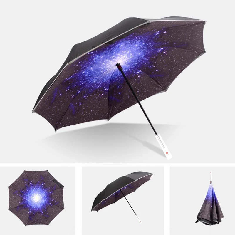 DD835  Advertise Flashlight Reflect Invert Reversed Led Handle Umbrella Windproof Golf Car Reverse Umbrella Light