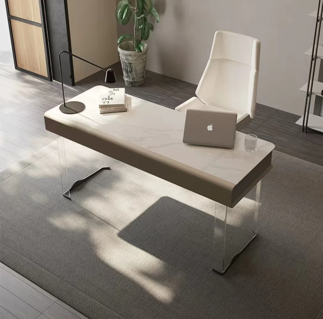 Office Desk Acrylic Design Stainless Steel Titanium Color Leg Home Furniture Villa Study E1 Board Rock Plate Table