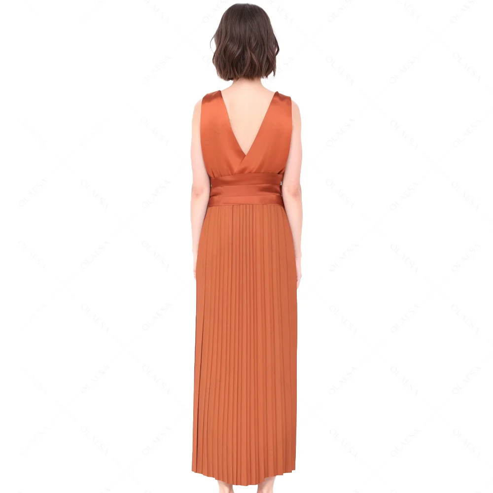 Pleated Silk Maxi Dress Satin Slip Sleeveless Backless Maxi Dress Women Ladies Dresses With Belt