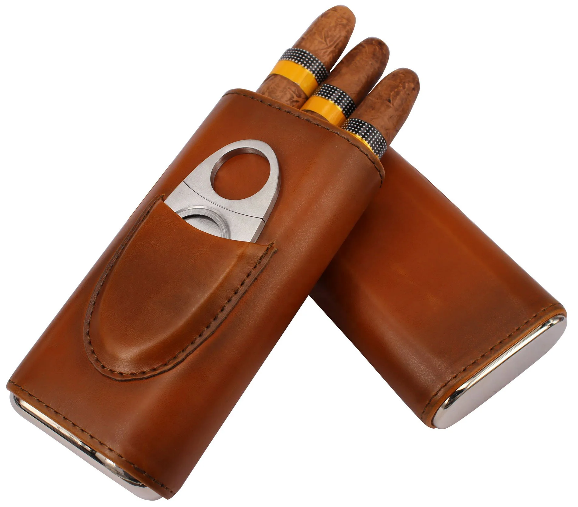 New Premium 3- Finger Brown Lined Leather Travel Cigar Cases Humidors Cedar Wood Cigar case bag stainless Cigar cutter