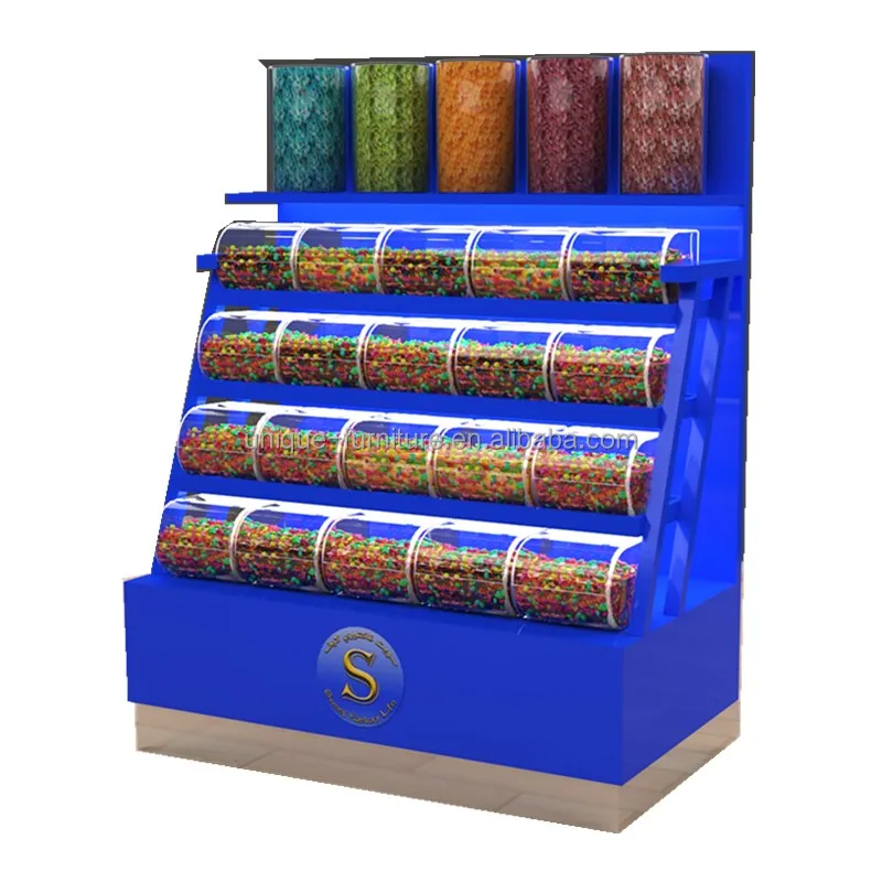 Attractive design candy rack display shelving candy store furniture with acrylic bins modern chocolate cabinet nuts stand idea