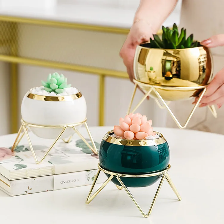 Morden Luxury Combination Decoration Succulents Ceram Flower Plant Pots With Metal Stand