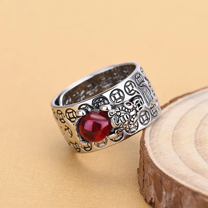 Chinese Lucky Money Rich Healthy Red Crystal Piyao Pi Yao Toad Ring Buddhism Jewelry Silver Plated Ruby Pixiu Open Rings For Men