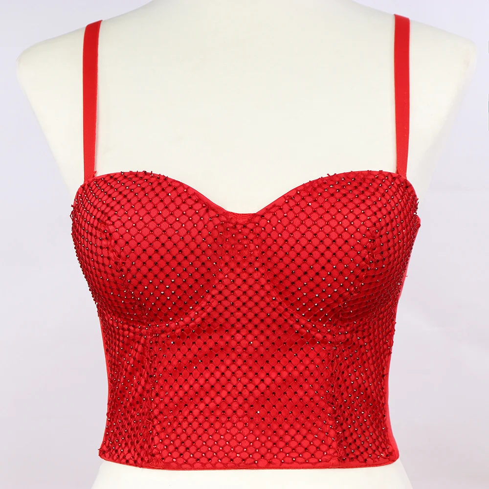 Новый дизайн эластичная сетчатая блестящая майка со стразами женский жилет бюстгальтер топ-бюстье