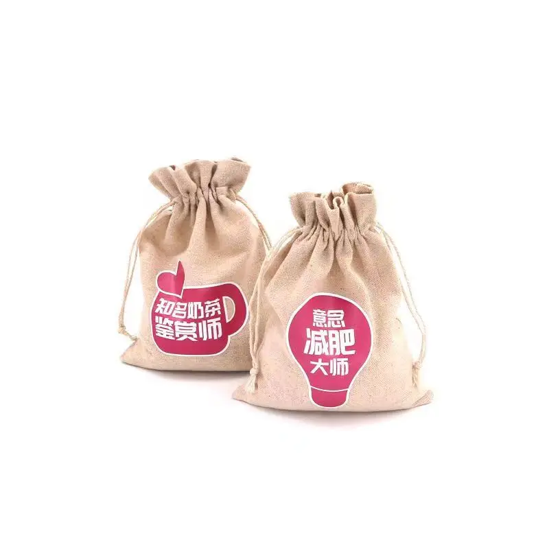 Custom Printed Logo Linen Drawstring Pocket Natural Cotton round Bottom Spot Canvas Packaging Bag for Rice Candy for Shopping