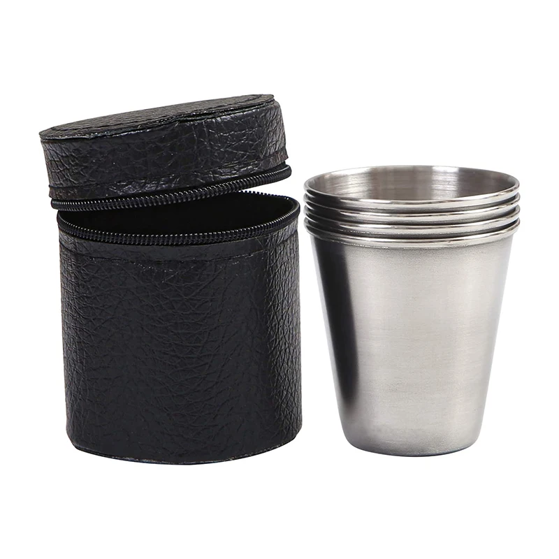 Pack of 4 Stainless Steel Shot Cups Glass Drinking Vessel with Leather Storage Case 2.3 Ounce/70ml