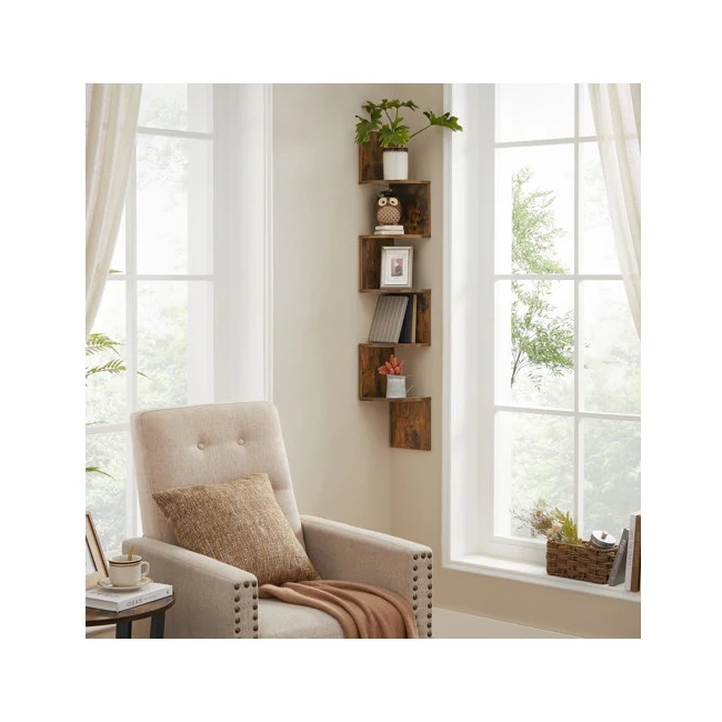 Rustic 5 Tier Wooden Zig Zag Corner Wall Shelf Floating Corner Bookshelf For Living Room