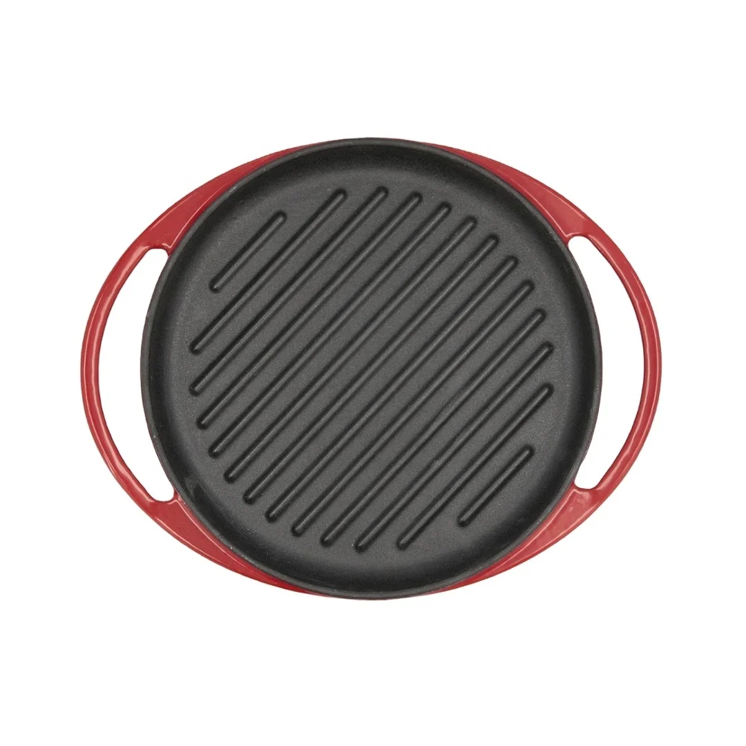 kitchen non stick enameled cast iron stove top round bbq griddle plate grill pan with two handles