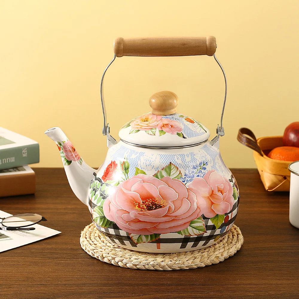 Wooden Handle Enamel Drinkware Good Appearance Coffee Pot Household Teapot Hot Water Kettle for Gas Induction Stove