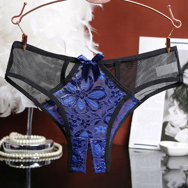 Sexy lace open hollow briefs seductive low waist open crotch thong transparent color matching mesh T pants
