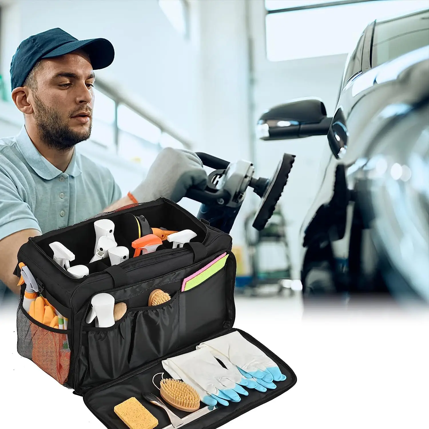 Large Car Detailing Bag Cleaning Caddy for Auto Detailing Supplies Car Cleaning Storage Trunk Tool Organizer