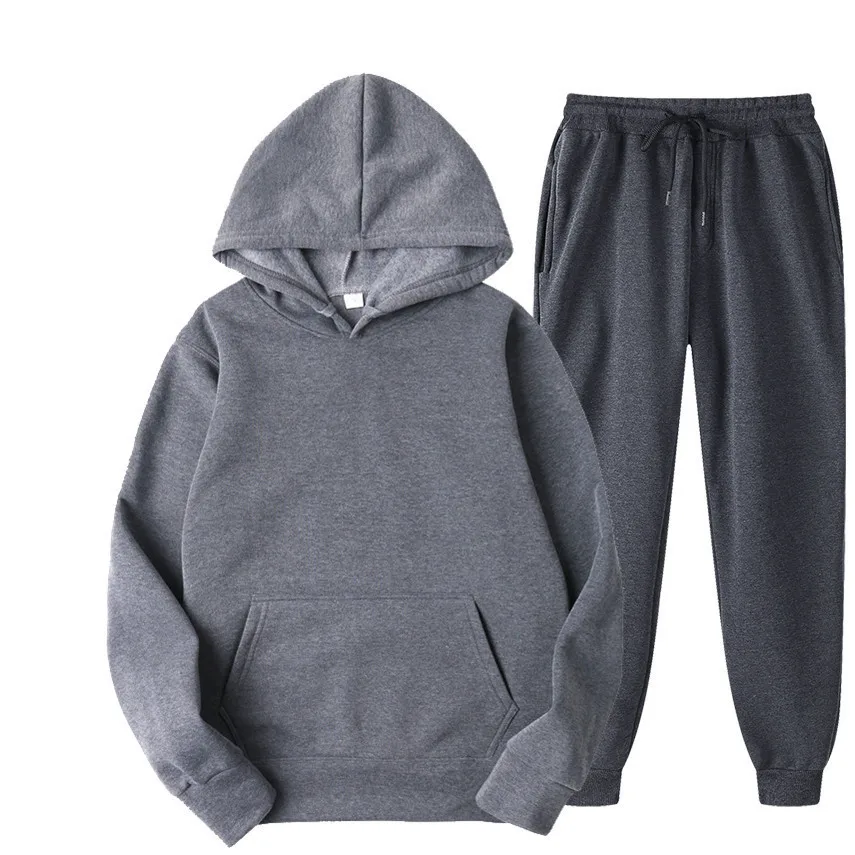 
2021 Custom Logo Solid Color Plain Wholesale Men Sport Hooded Solid Color Pullover Sweater Set Two Piece Hoodie and Sweatpants 