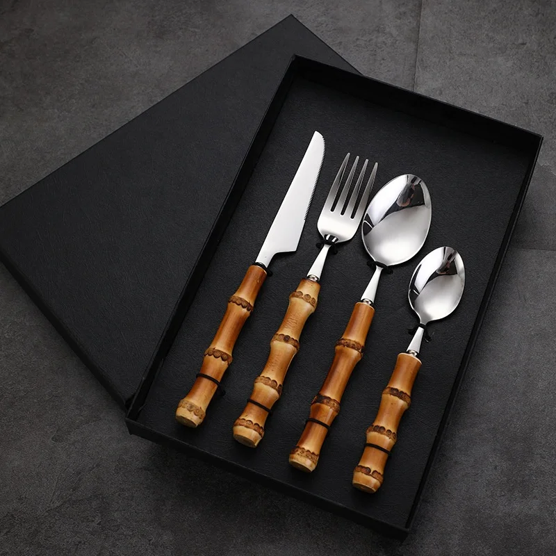 
4pc handmade forged bamboo cutlery set with salad server fork and spoon handcraft luxury bamboo handle silverware set 