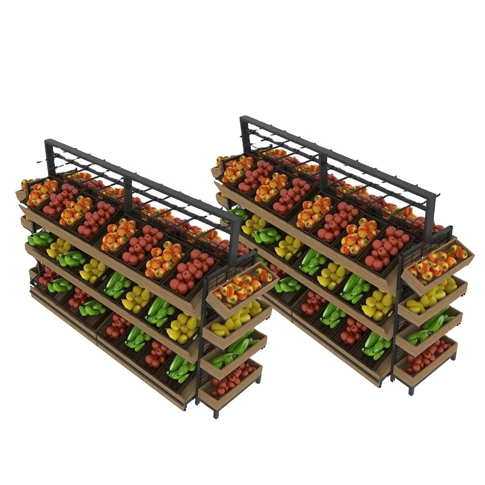 Double-side Three Layers Grocery Store Fruit Vegetable Storage Display Shelf