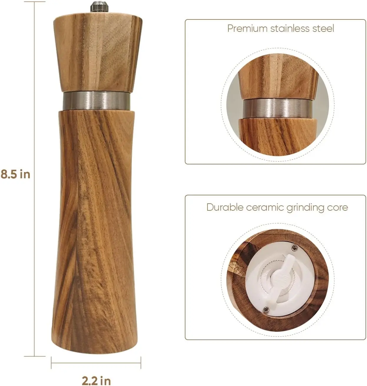 BST Acacia wood pepper grinder with ceramic core wooden salt and pepper grinder set & shakers