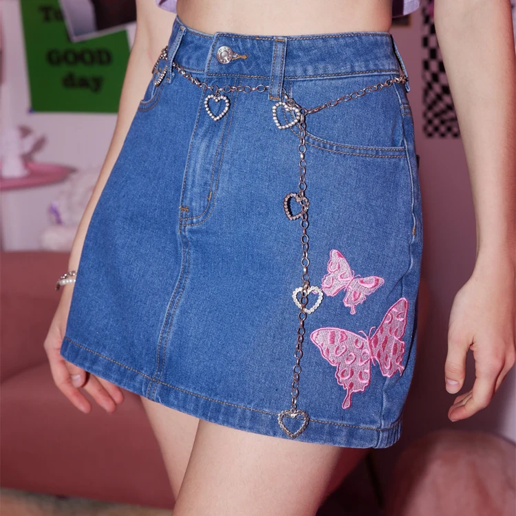 Casual Cartoon Skirts Denim Embroidery Designs Mini Denim Skirt Sweetness Butterfly Embroidery Denim Skirt