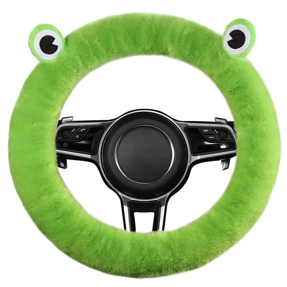 Cute Fluffy Genuine Sheepskin Car Steering Wheel Cover for Auto Truck SUV, Women Girl, Universal Fit 14.5-16.5 inch