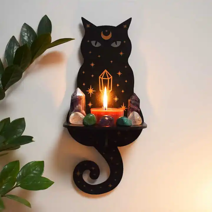 Wall Decorative Shelving Ornaments Holder Moon phase and Cat Shape Decor Crystal Display Shelf Altar Witch Pendulum Stand