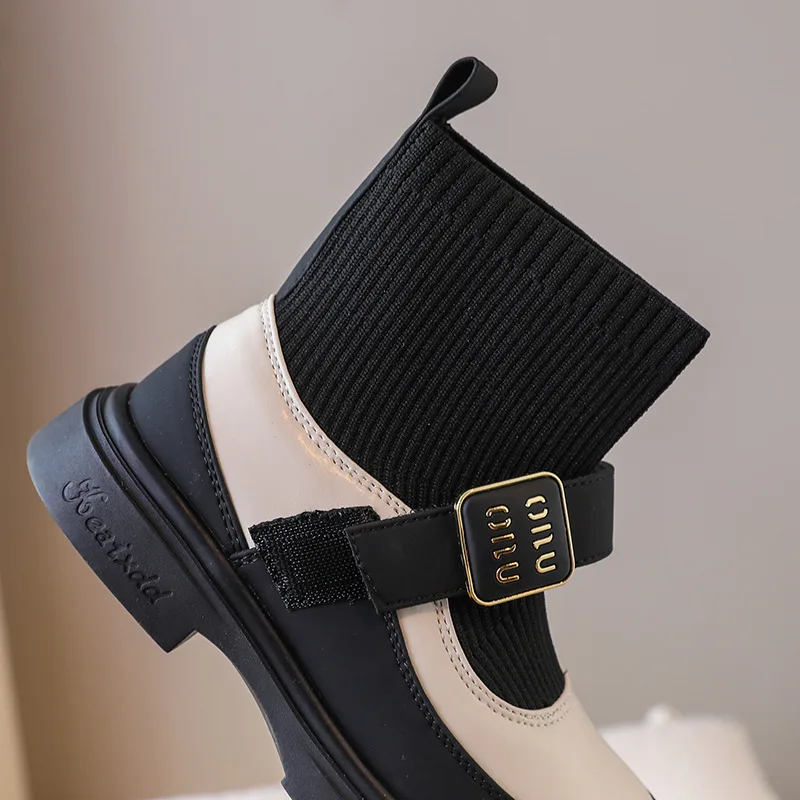 Girls Princess Dress School Uniform Booties Shoes Toddler Kid Youth Stretch Knit Hook Loop Boot Children Ankle Short Sock Boots